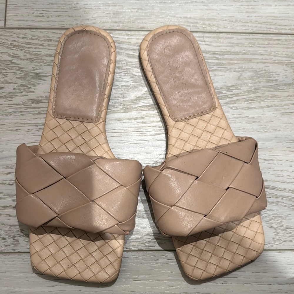 Woven Slide Sandals in Nude - Women's Casual Slip-On